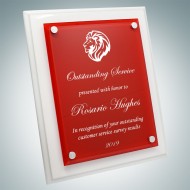 Floating Red Acrylic Plate on Gloss Horiz./Verti. White Wood Plaque