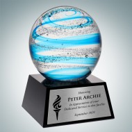 Art Glass Blue Jupiter Award with Black Base
