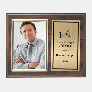 Horizontal Cherry Finish Plaque w/ Slide-in Photo Frame & Gold Plate